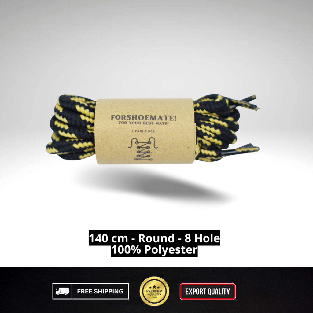 ForShoemate Tali Sepatu | Hitam 4 Kuning | Tali Sepatu Bulat 140 cm Tali Sepatu 8 Hole 8 Lubang Tali