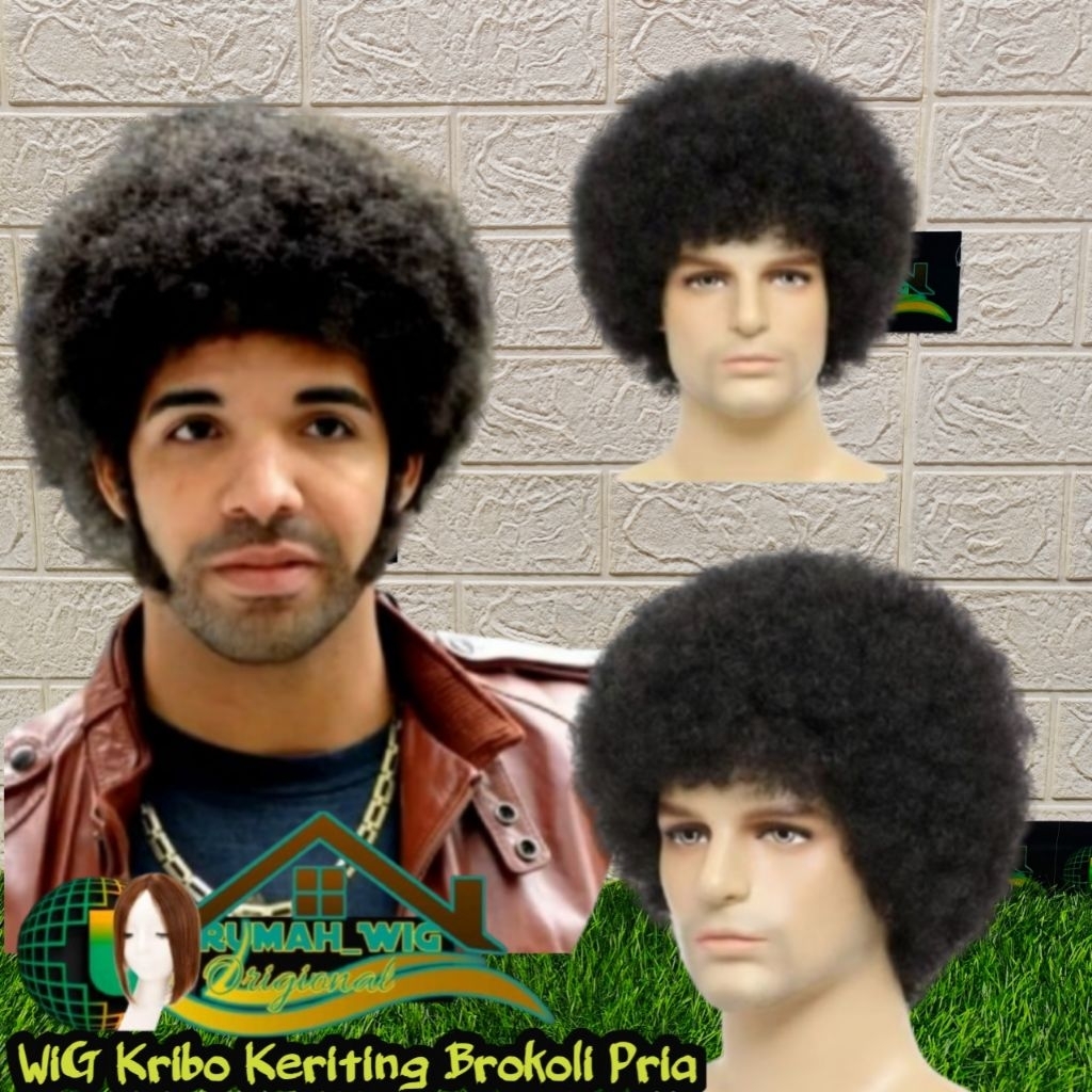 Wig Pria Pendek Rambut Palsu Model Kribo Bulat Keriting warna hitam Natural Rambut palsu kribo Broko