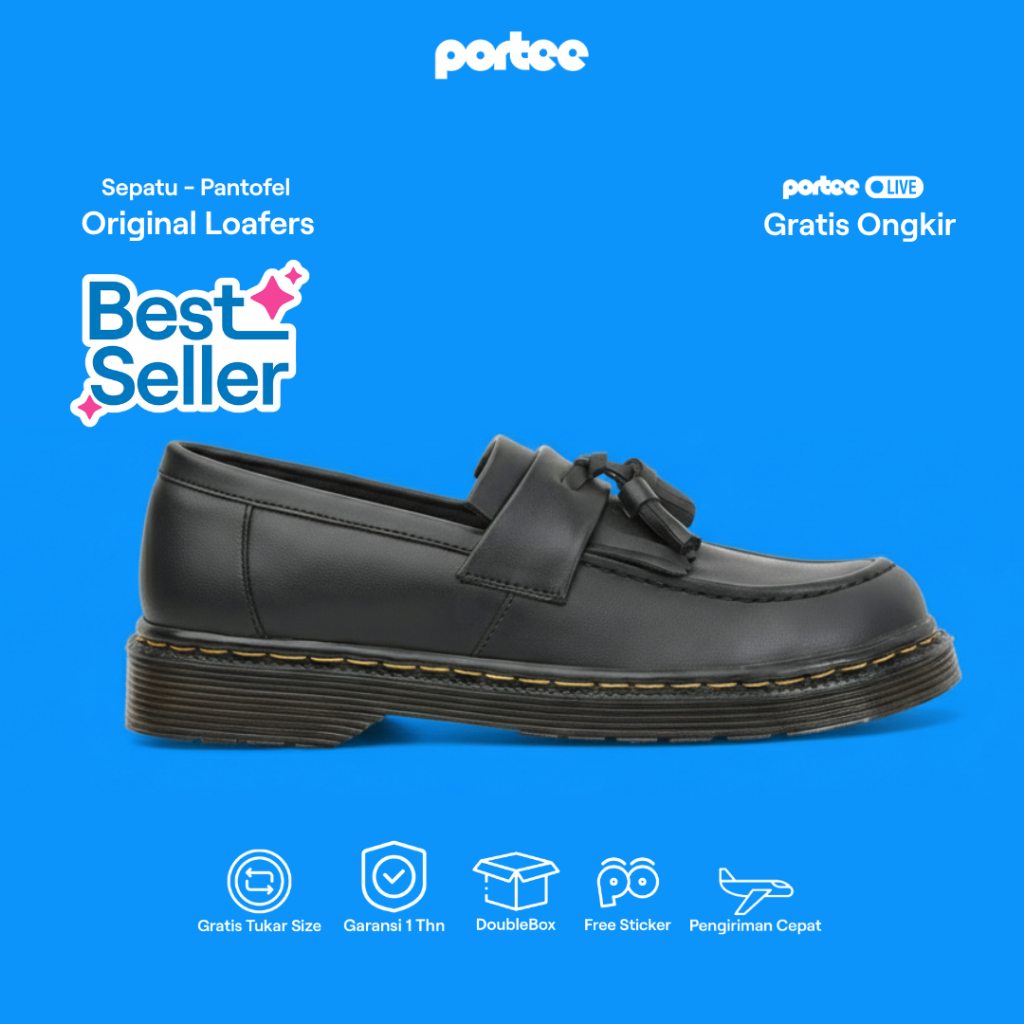 Sepatu Pantofel Portee Original Loafers Pria Hitam Formal Nyaman | Kerja Kuliah