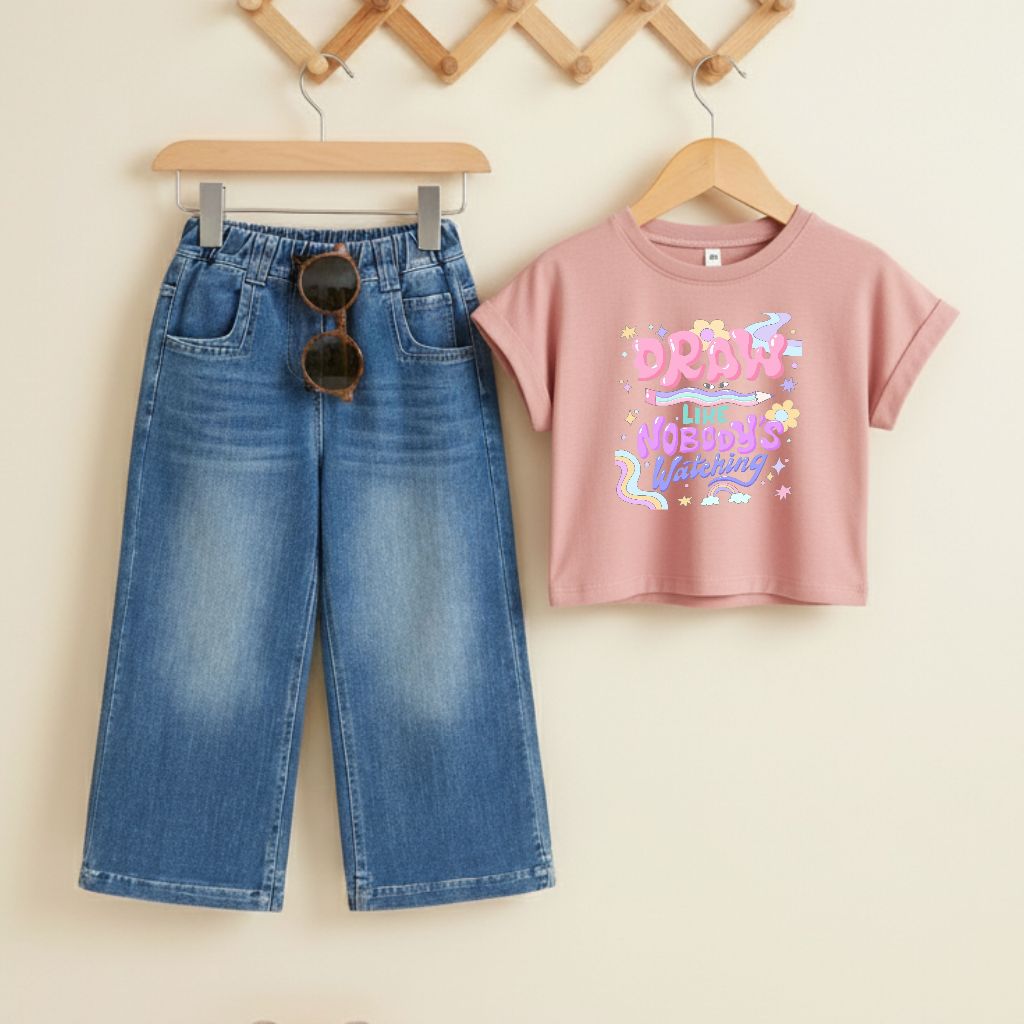 Setelan Anak Perempuan Kaos Katun "Draw Like Nobody's Watching" dan Celana Jeans Kulot. Baju Set Ana