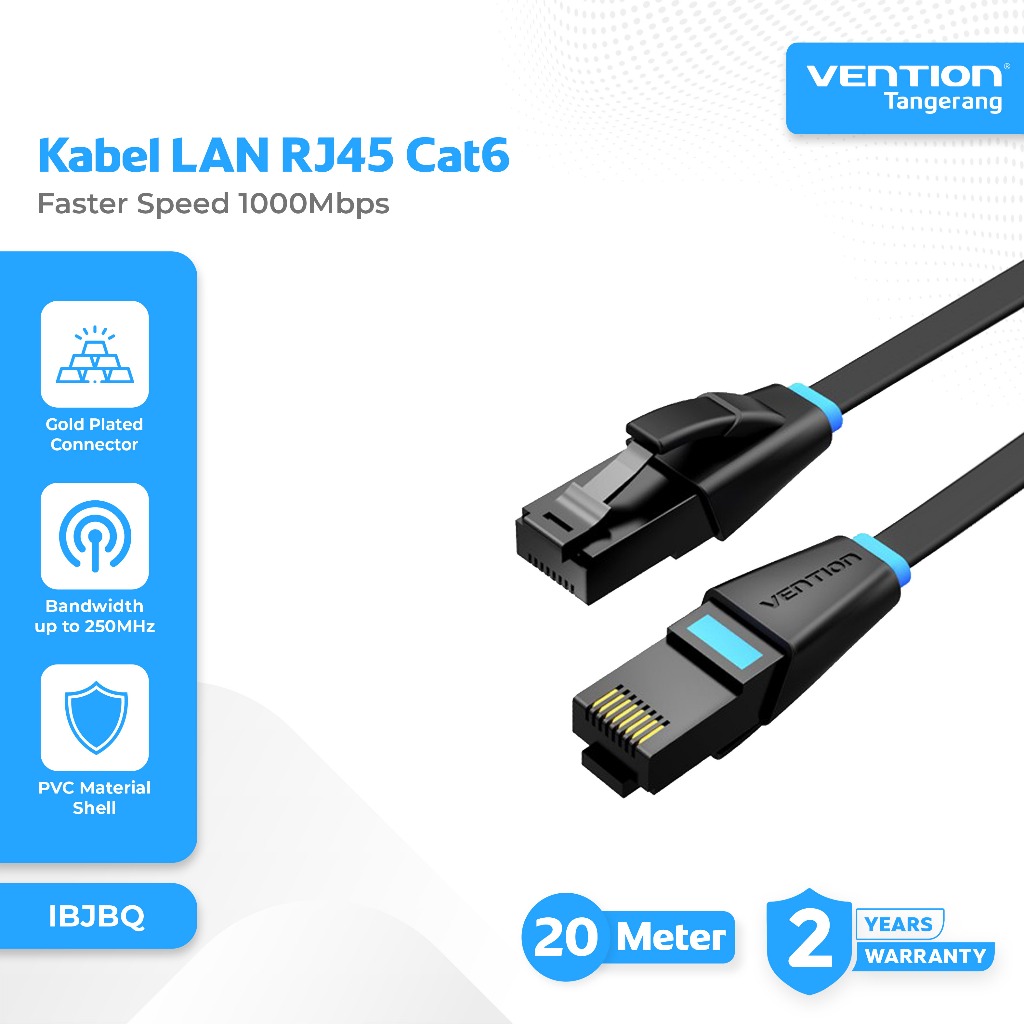 Vention Kabel LAN RJ45 Flat Cat6 UTP Patch Cable 1000Mbps Gigabit Network Cable LAN Black 20 M 20 Me
