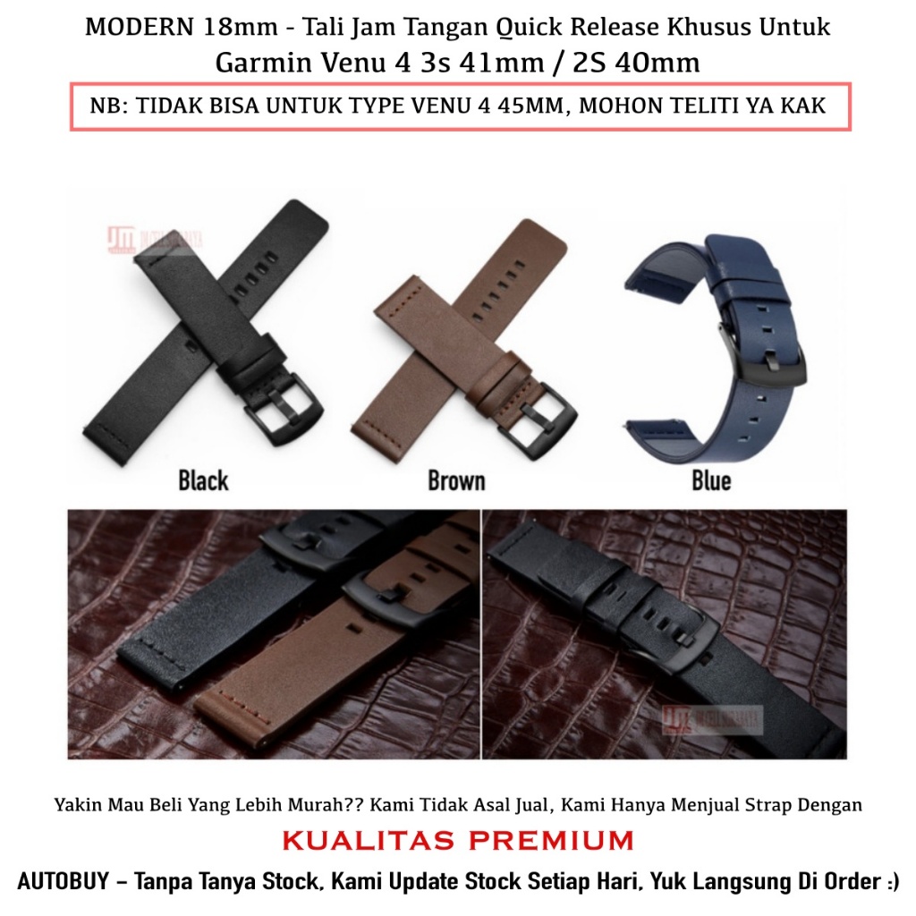 Modern Leather Strap 18mm Untuk Garmin Venu 4 3S 41mm / Venu 2S 40mm - Tali Jam Tangan Kulit Polos B
