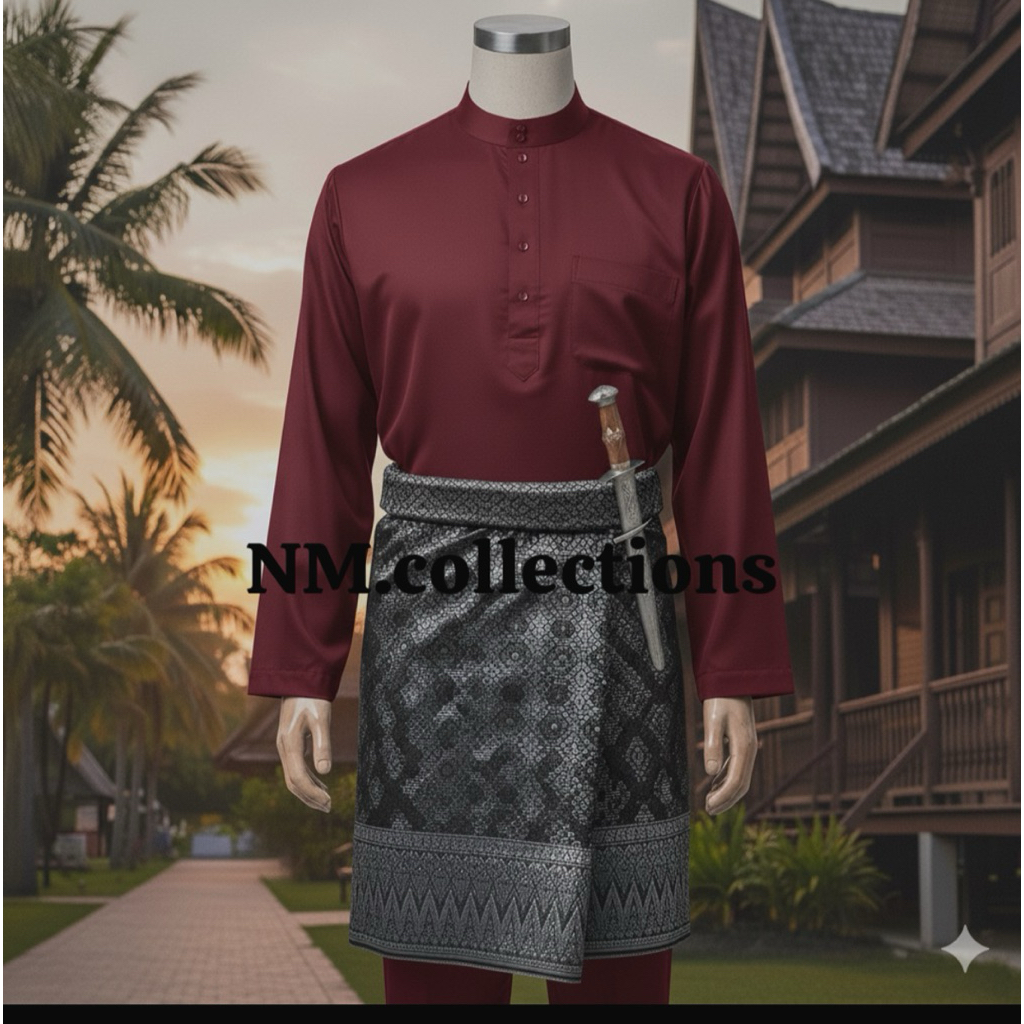 OnetSet Baju Melayu Pria Teluk Belange Cekek Musang Pakaian Muslim Koko Cowok Adat Melayu Dewasa(TID