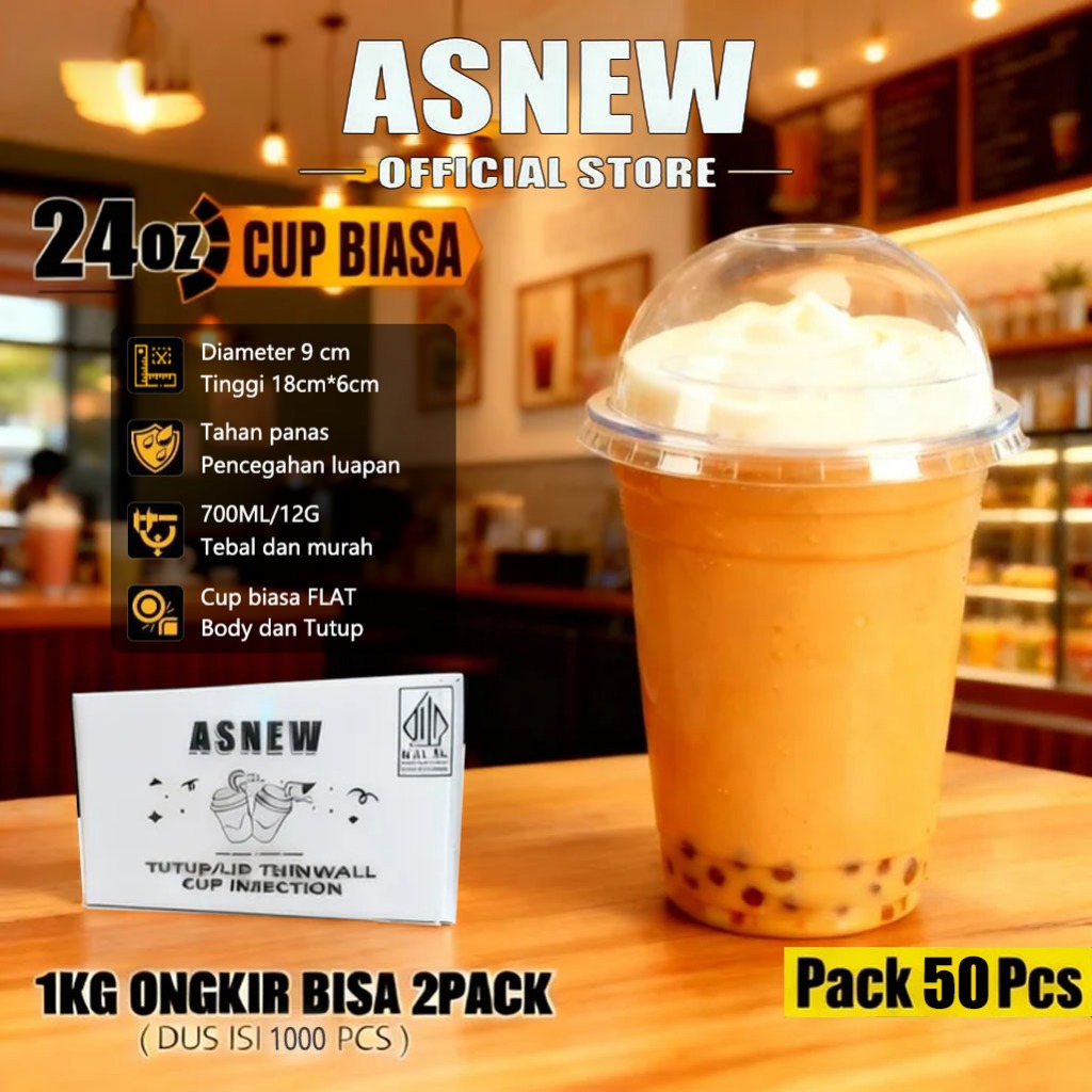 ASNEW 50 Pcs Gelas Plastik 14oz 24oz Lid Dome PET (Cup Plastik / Gelas Plastik) Bahan Tebal / Cup Mi