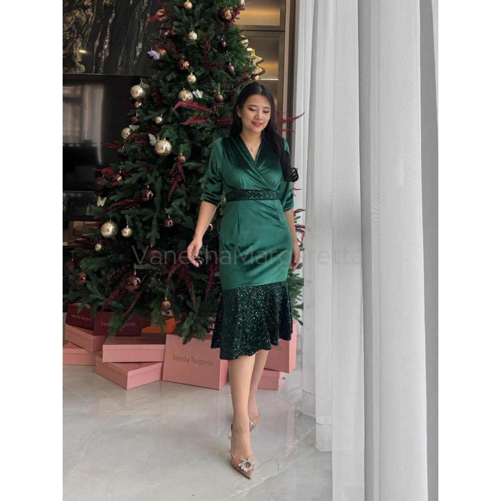 [VM] - 9067# Dress Beludru Velvet/Dress Midi/Gaun Pesta/Dress Natal