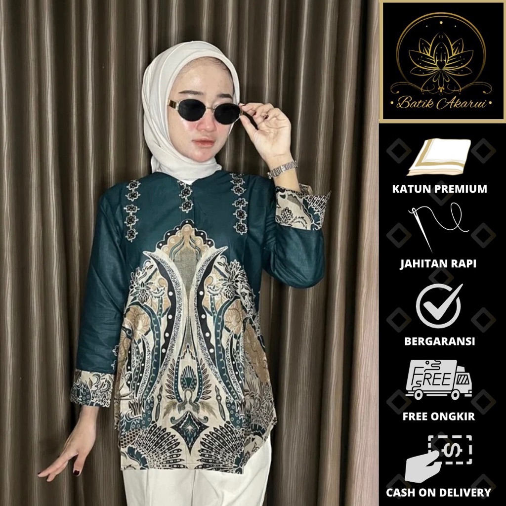 Batik Akarui Batik Wanita Jumbo Lengan Panjang Batik Kerja Kantor Wanita Warna Hijau Emerald