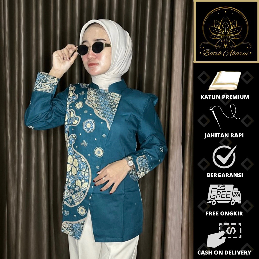 Batik Akarui Batik Wanita Modern Warna Hijau Emerald Batik Jumputan Solo Blouse Batik Kerja Wanita