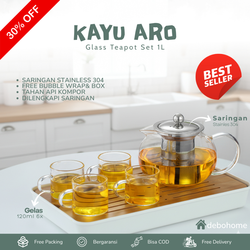DEBO Teko Teh Kaca Estetik Glass Teapot 4Pcs Gelas Tahan Panas Api Kompor