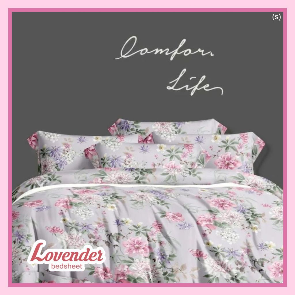 Sprei/Bedcover katun JEPANG pastel abu muda gray bunga flower pink tangkai rose mawar lilac ungu pur