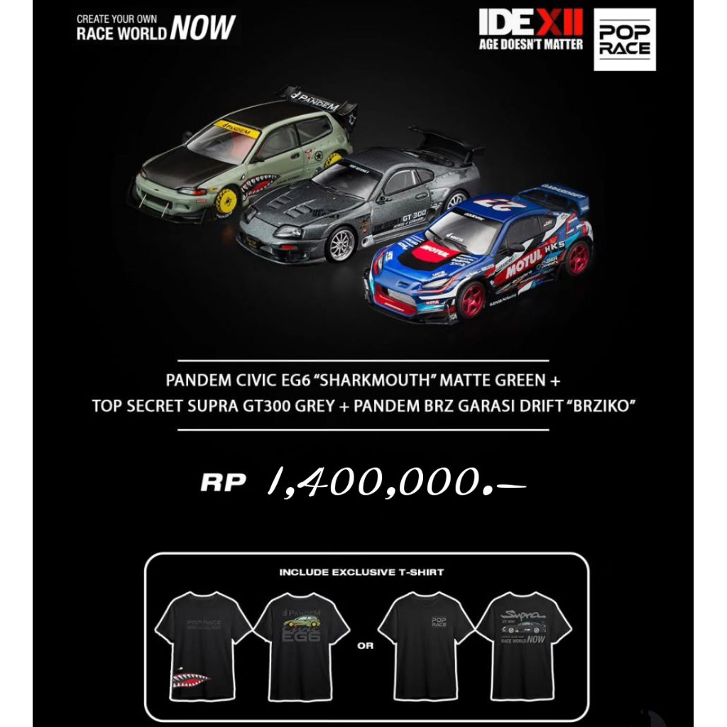 POP RACE x IDE (Indonesia Diecast Expo) Bundling set of 3pc + shirt - Subaru BRZ Garasi Drift, Supra