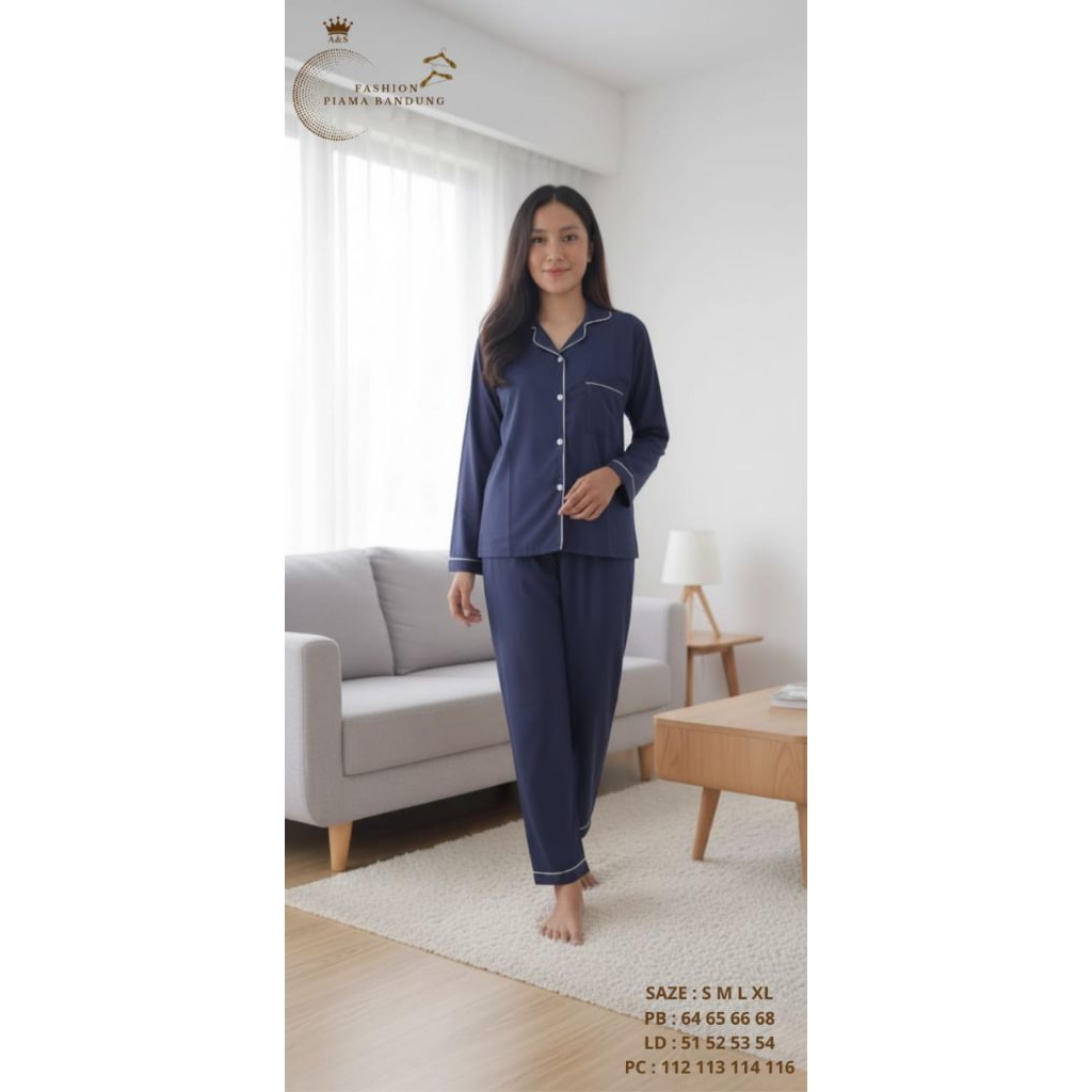 Baju Tidur Setelan, Piyama Wanita Lengan panjang, kainnya Lembut,Nyaman Dipakai Warna Biru Nevy Ukur