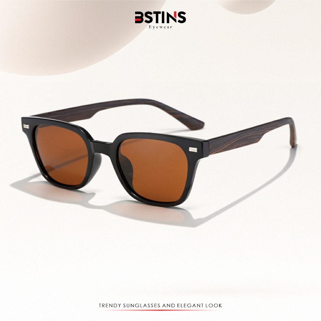 Bstins Kacamata Hitam Kotak Motif Kotak Kayu Wayfarer Pria Wanita Anti Silau Terbaru Polarized TR-90