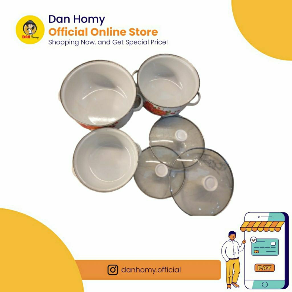LV panci set Enamel Motif Bunga 3pcs Tutup kaca/panci bunga susun