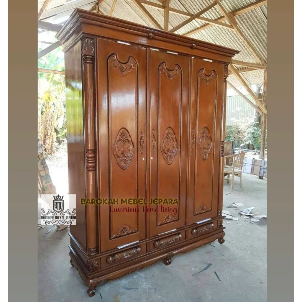 lemari pakaian jati pintu 3 extra kaki lemari model terlaris