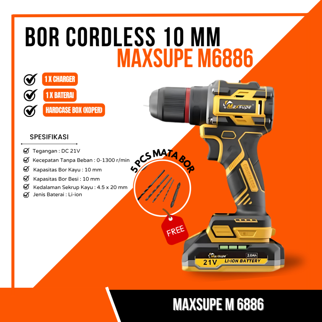 MESIN BOR CORDLESS 10 MM MAXSUPE 20V M 6886 Bor Baterai 20V Chuk Besi Screwdriver Brushless Cordless