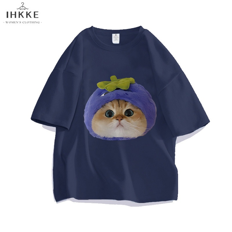 IHKKE Atasan Wanita Kekinian | Kartun Lucu Topi Blueberry Anak Kucing Style Navy Biru T shirt | 100%