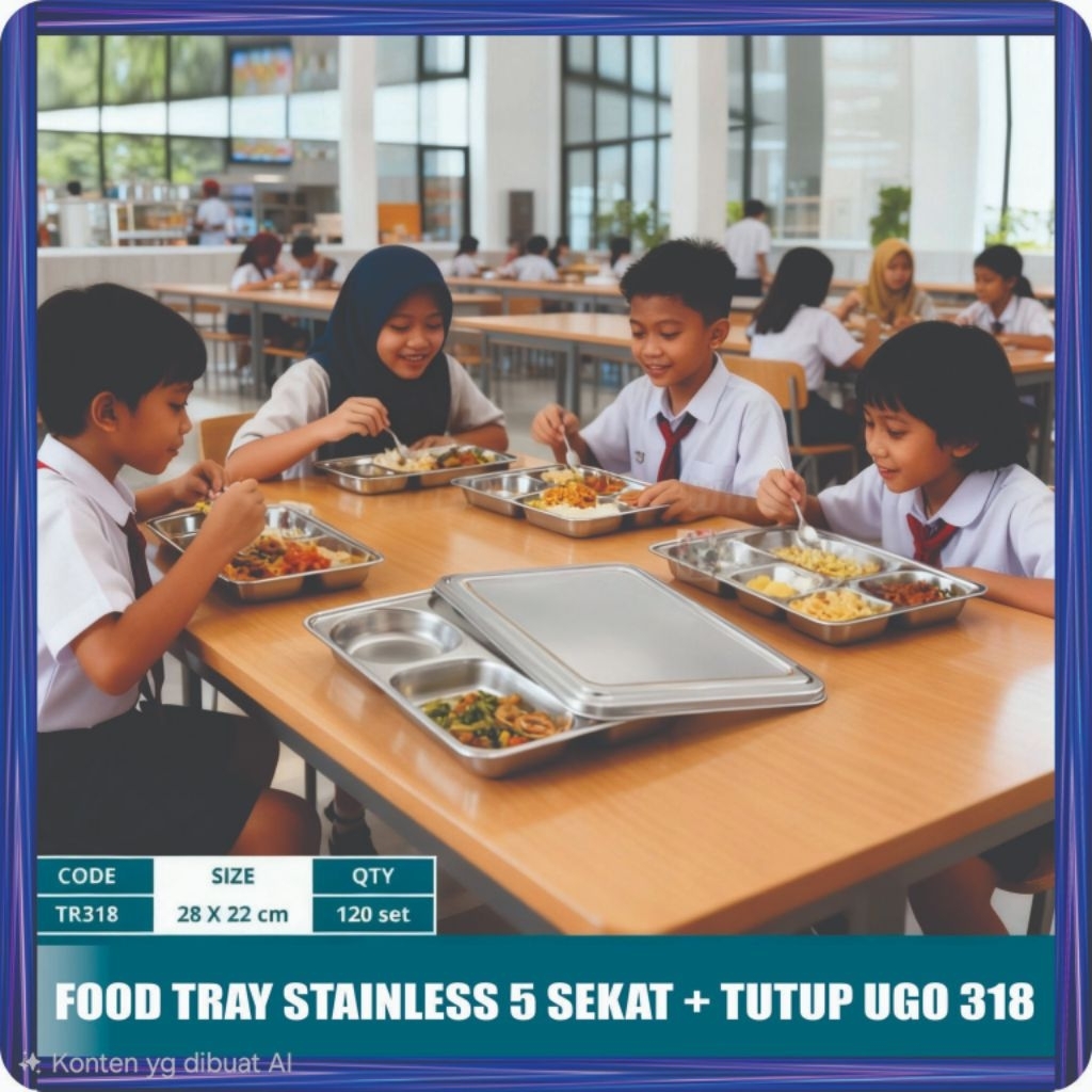 UGO - Food Tray "MBG" Stainless 5 Sekat + Tutup | Ompreng MBG | Nampan Stainless MBG