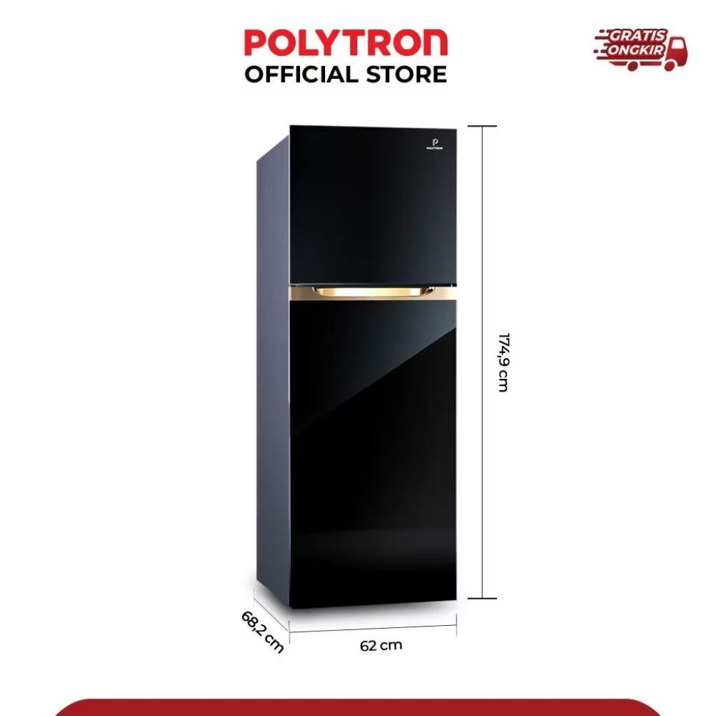 Kulkas POLYTRON 350 Liter New Belleza JUMBO 2 Pintu PRM 490X Glass Door Black Tanpa Bunga Es