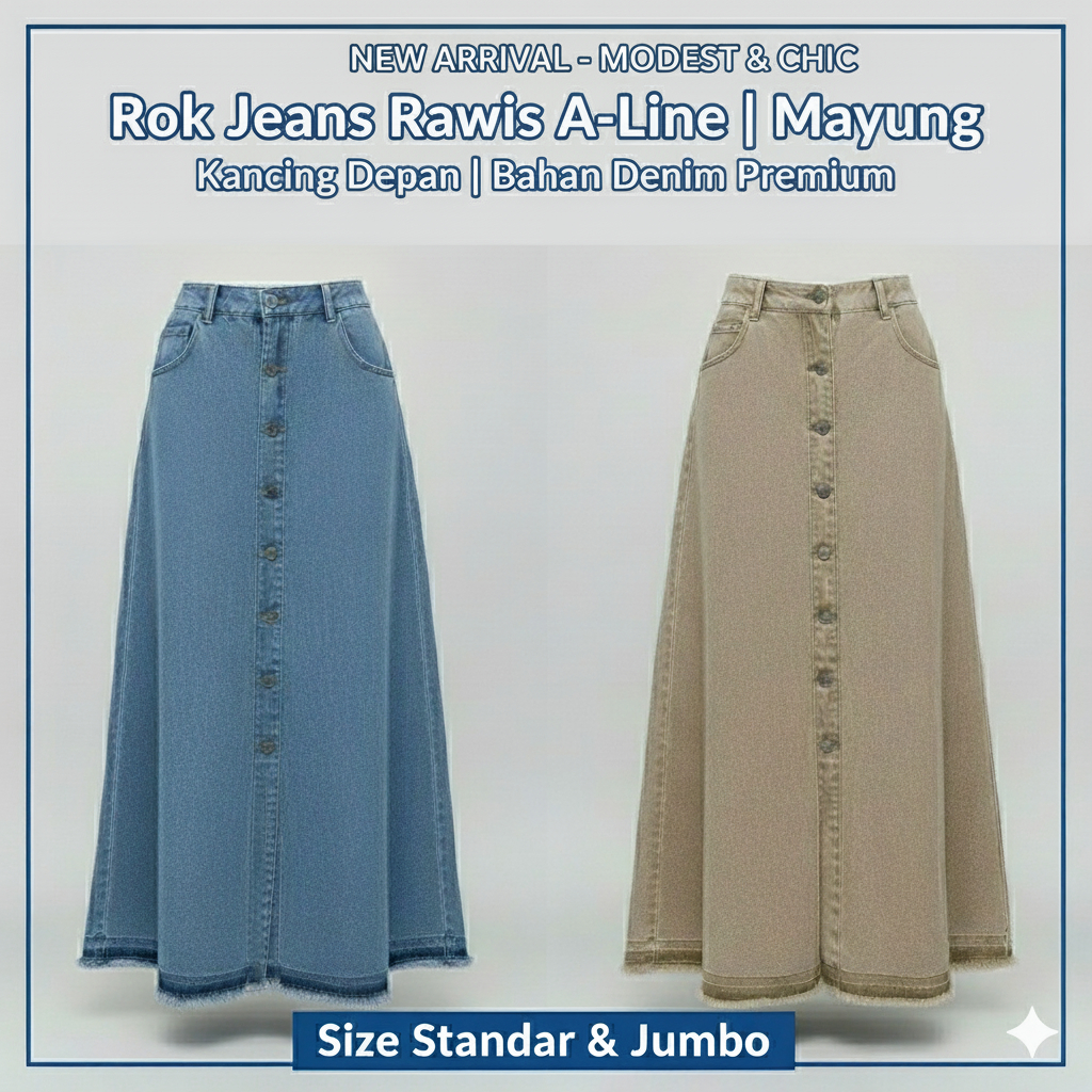 Rok Jeans Rawis A-Line standar jumbo Full Kancing Belah Depan