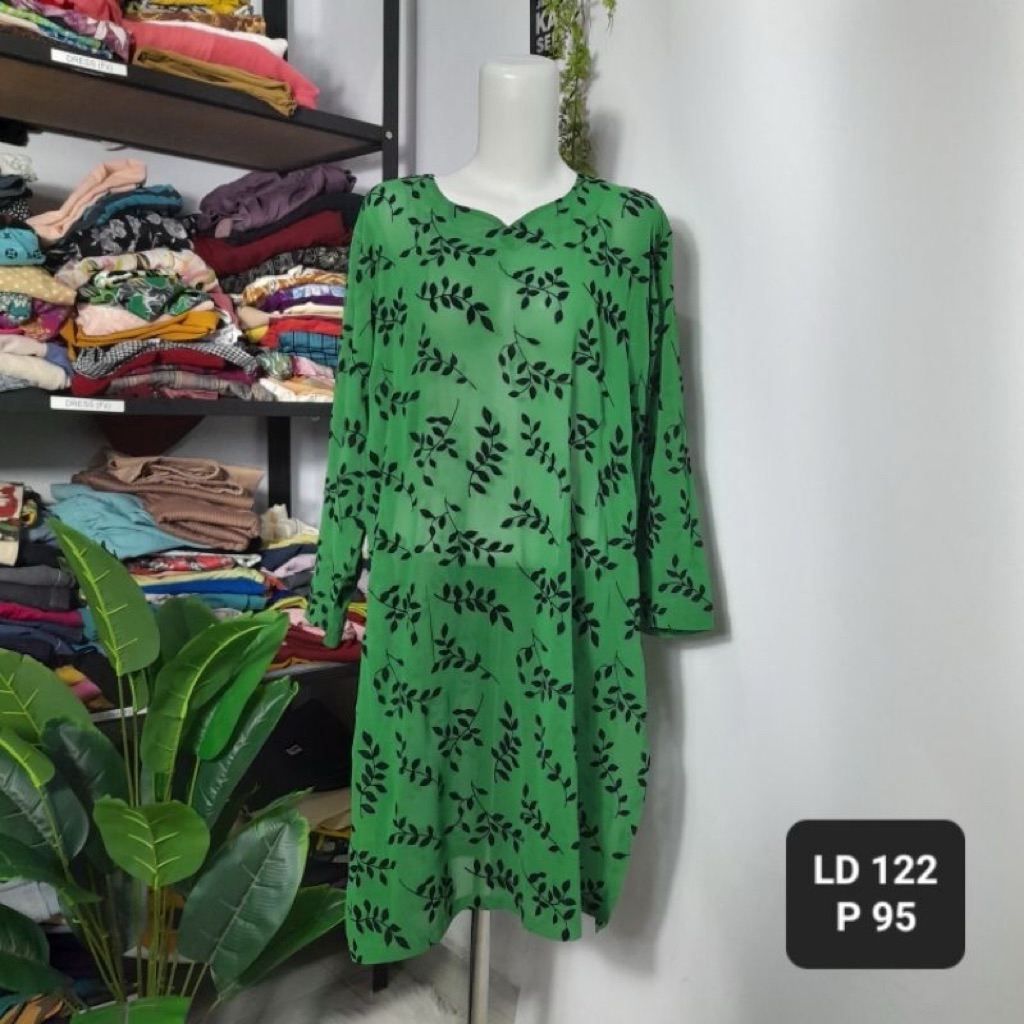 preloved tunik hijau botol sifon motif daun beludru