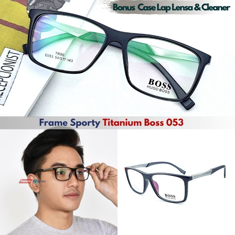 Kacamata Pria Sporty Frame Boss E053 Titanium Lensa Minus Baca Silinder Anti Radiasi Bluecromic