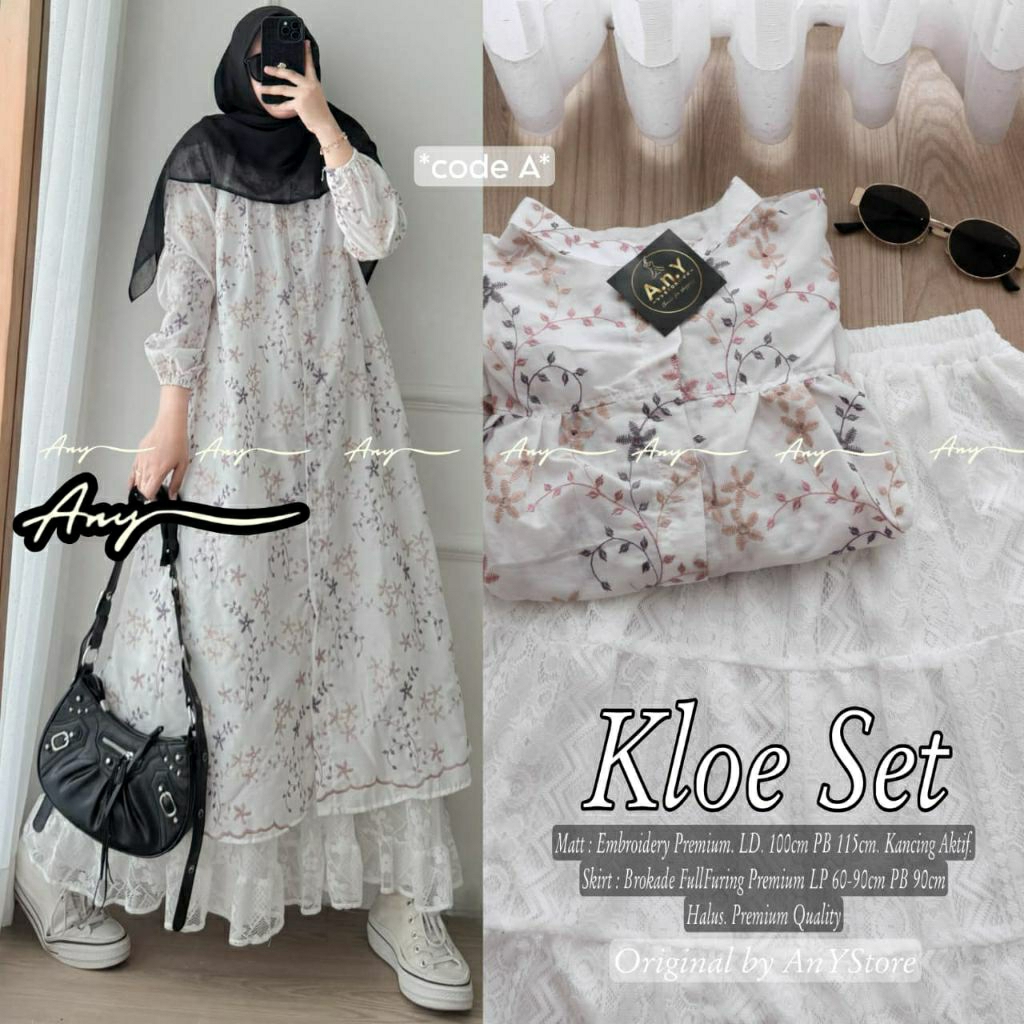 Kloe set long tunik white putih model katbol motif bunga bordir