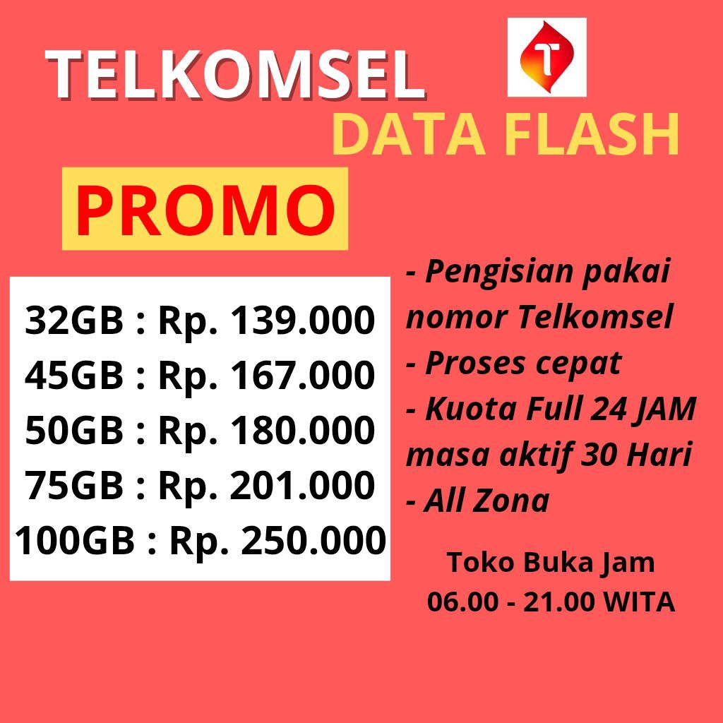 PAKET DATA FLASH TELKOMSEL 30 HARI | 32GB 45GB 50GB 75GB 100GB