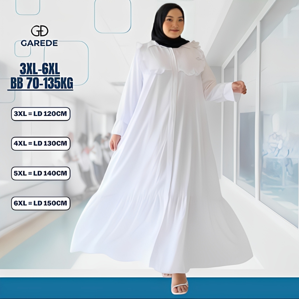Garede - Gamis Jumbo LD 120 130 140 150 Crinkle Premium Syari Terbaru Abaya Putih Mewah