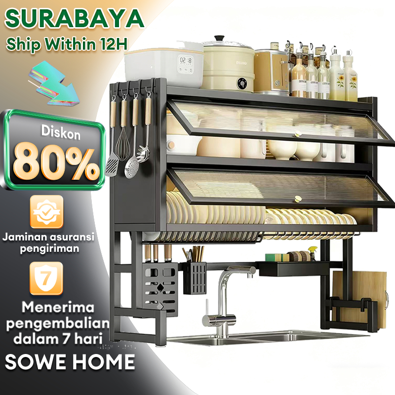 2 Susun Rak Piring Gantung Cuci Piring Wastafel Rak Multifungsi Piring Tertutup Rak Piring Wastafel