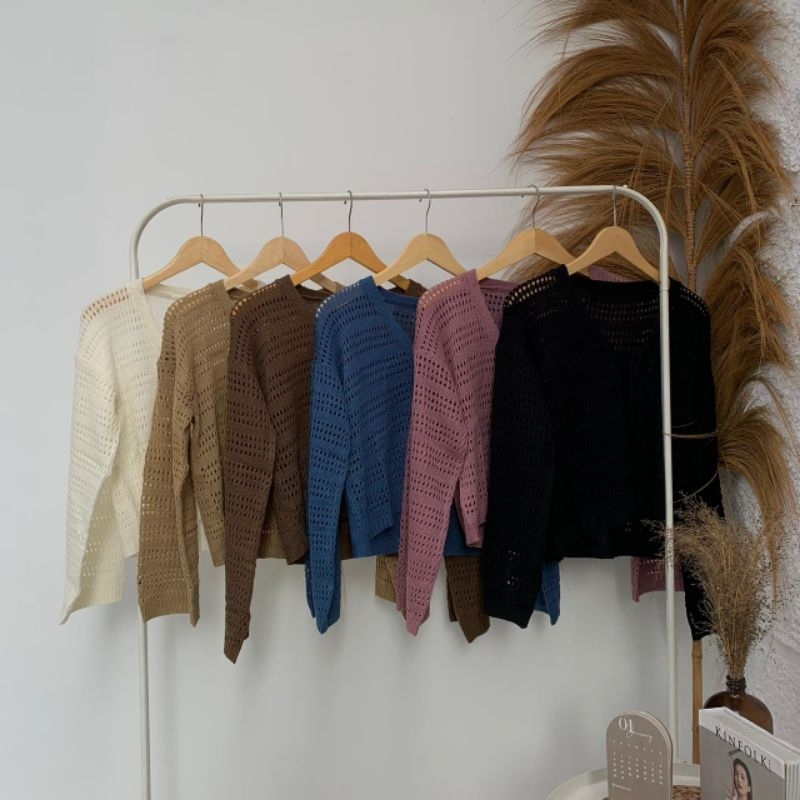 Cardigan Crop Rajut Arrumi Addeline Korean Jaring Wanita Knitwear