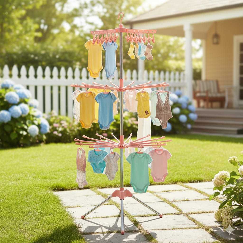 Jemuran Menara Shenar 3 Susun Lipat Serbaguna — Jemuran Baju Bayi & Kaos Kaki Model Rak Putar Kaki T