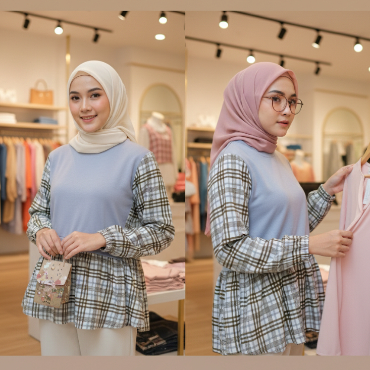 Atasan Wanita Kombinasi Plisket Kotak-Kotak