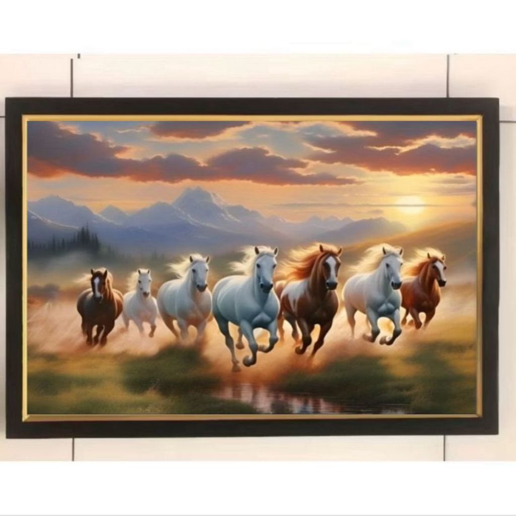 hiasan dinding lukisan cetak kuda 8 berlari plus bingkai ukuran 65 x45cm