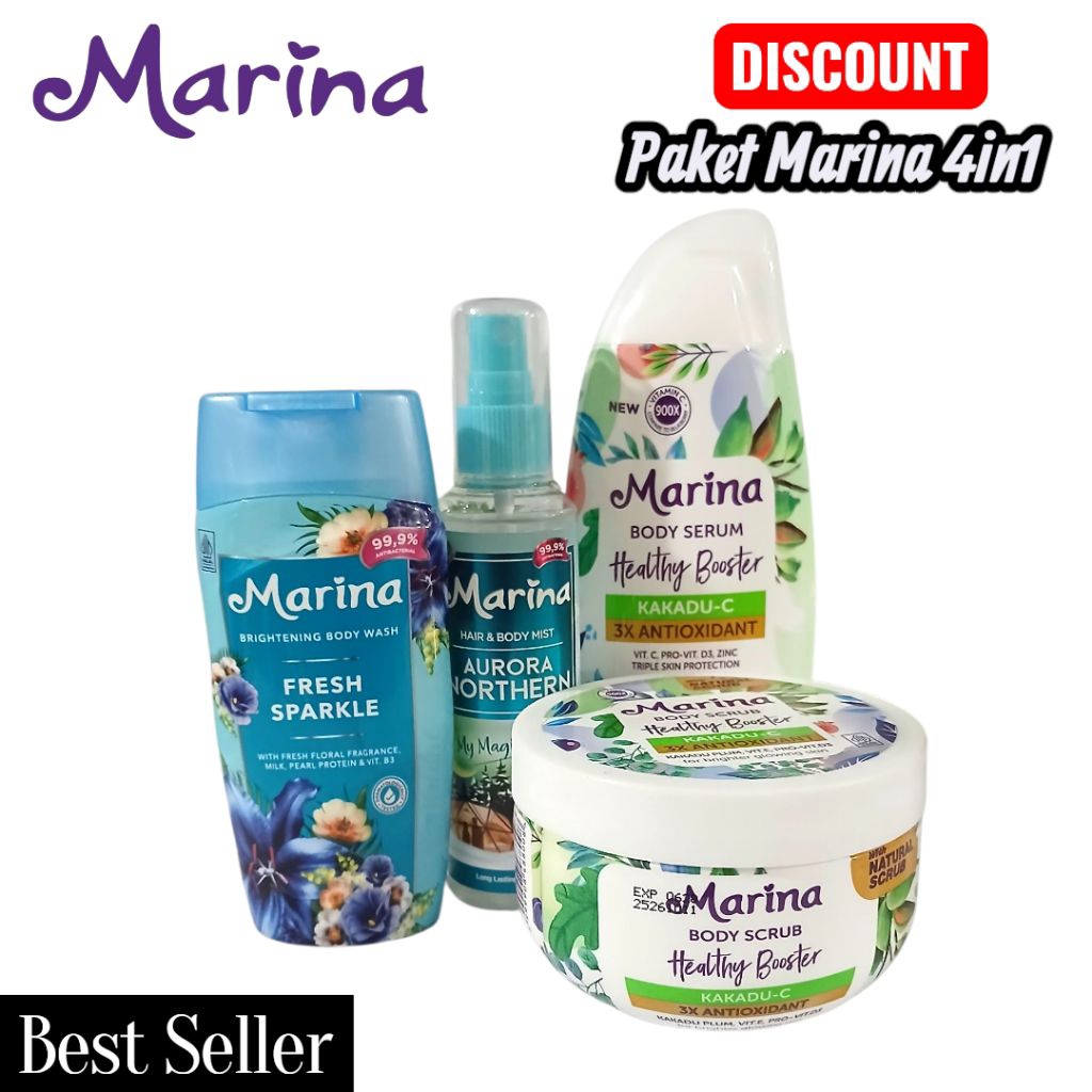 PAKET Marina Hijau 4in1 Lengkap Perawatan Tubuh Isi.4 | Body Wash, Body Serum, Body Mist Scrub Peraw