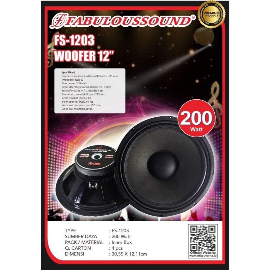 Speaker 12 Inch Subwoofer 200 Watt Fabuloussound FS-1203