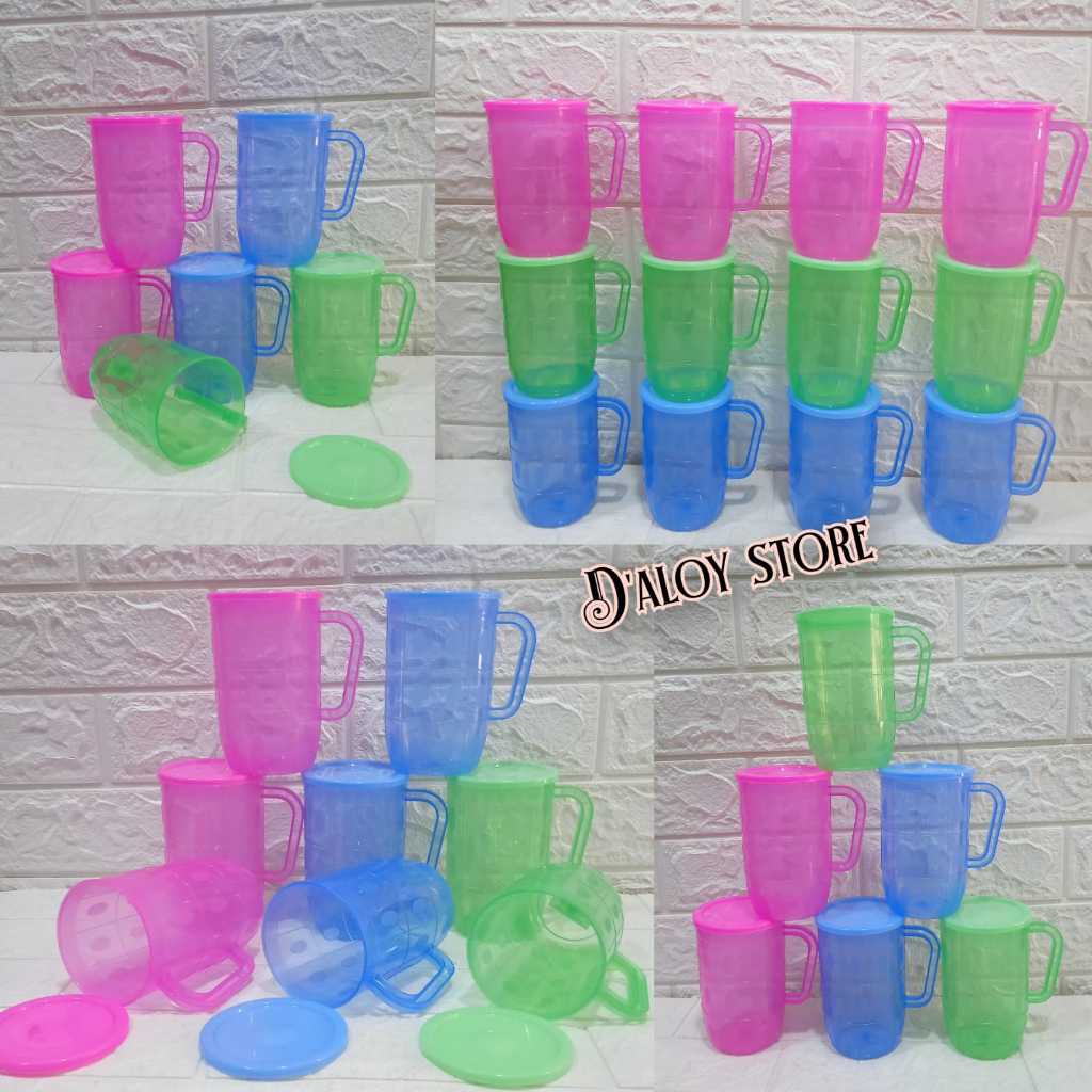 GELAS PLASTIK GAGANG CANTIK DENGAN TUTUP /GELAS MINUM PLASTIK