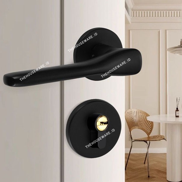 1 Set Kunci Pintu Rumah Kotak Lengkung Hitam Doff / Gagang Pintu Sedang Hitam Doff Minimalis