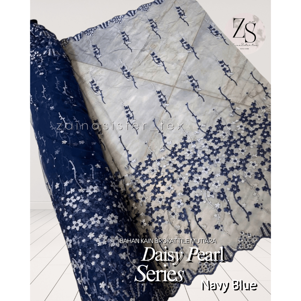 Kain Bahan Brokat Tile Bordir Two Tone Mutiara Daisy Pearl Series Warna Biru Navy | Bahan Kebaya Mod