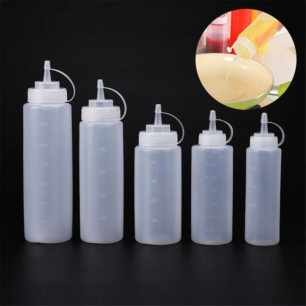 Botol Plastik Isi Ulang Saus Saos squize Sambal Kecap Mayonaise Cuka Minyak dengan Angka Indikator Takaran dapur rumah tangga Serbaguna Food Grade Putih Bening Transparan Dengan tutup Anti Bocor Higienis mudah dicuci 250 400 450 500 650 Ml