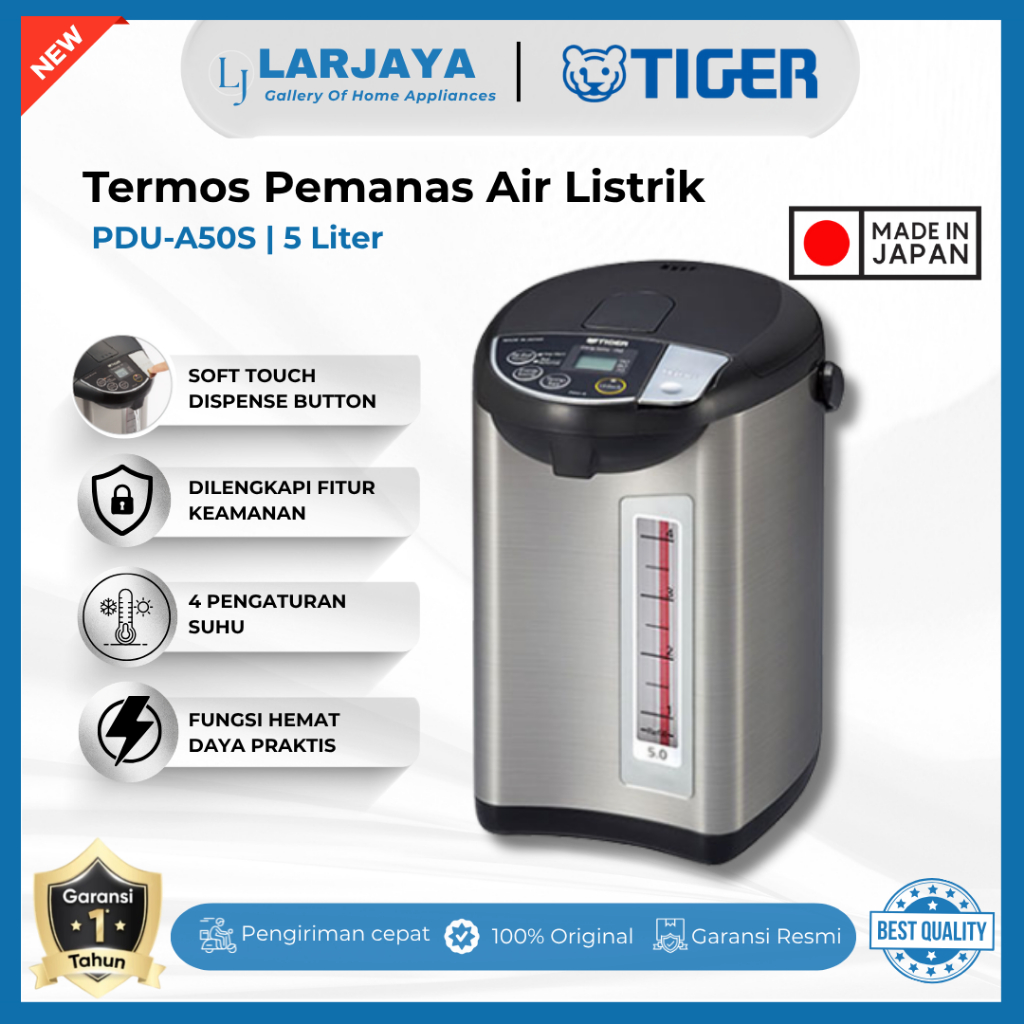 Tiger Water Boiler PDU-A50S 5L Made in Japan | Termos Listrik Digital 4 Suhu 98°C–70°C Hemat Energi