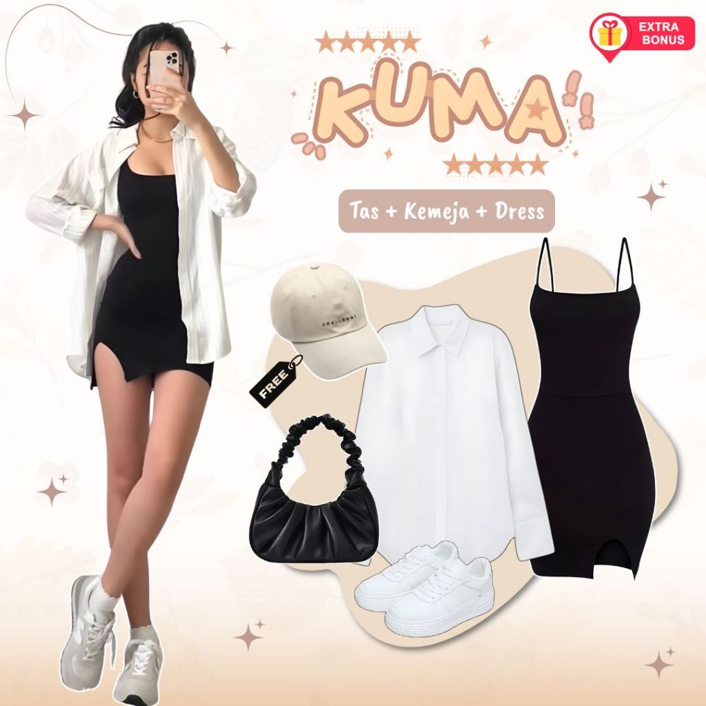 oneset 3in1 kemeja + dress + tas kerut + free topi | ootd outfit cewek wanita anak perempuan remaja 