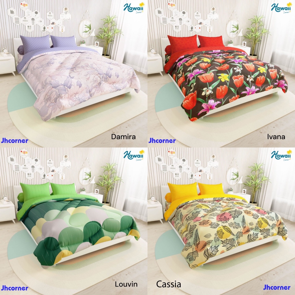 Set Bedcover Hawaii Sprei Flat Fitted Ukuran 180x200cm 6 Kaki King Size Tinggi Sprei 20cm Produk dar