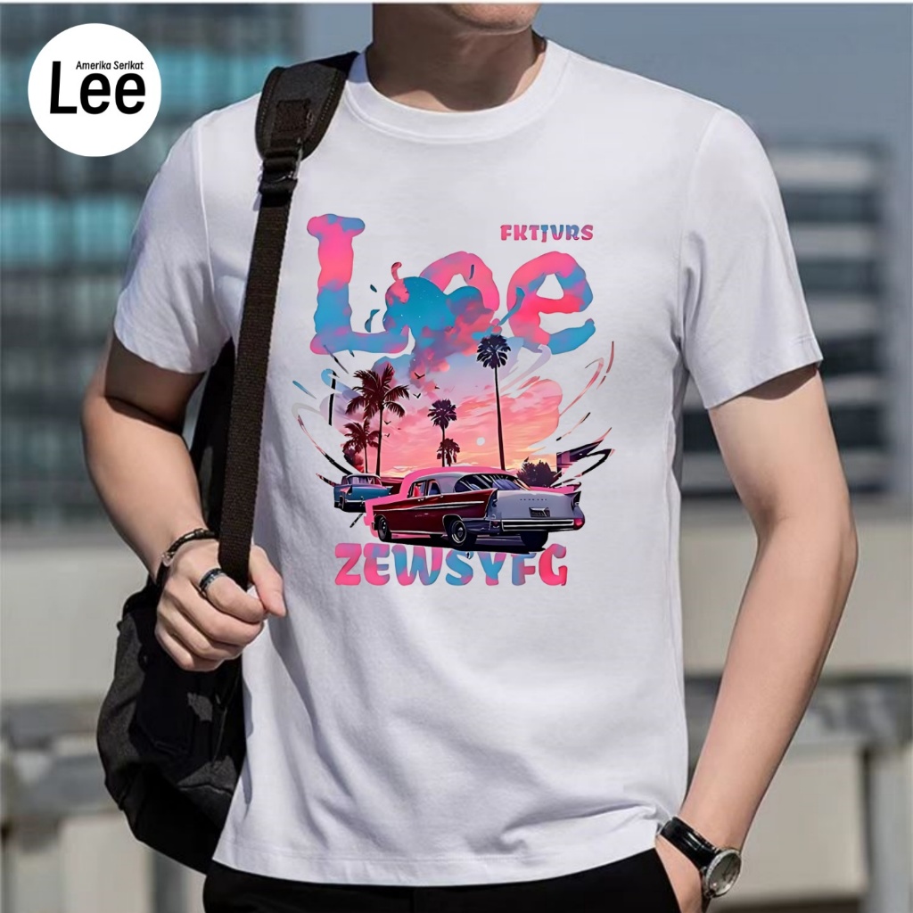 COD-Kaos Pria Lee Putih Desain Retro Mobil & Pantai - Kaos Casual Premium Gaya Vintage
