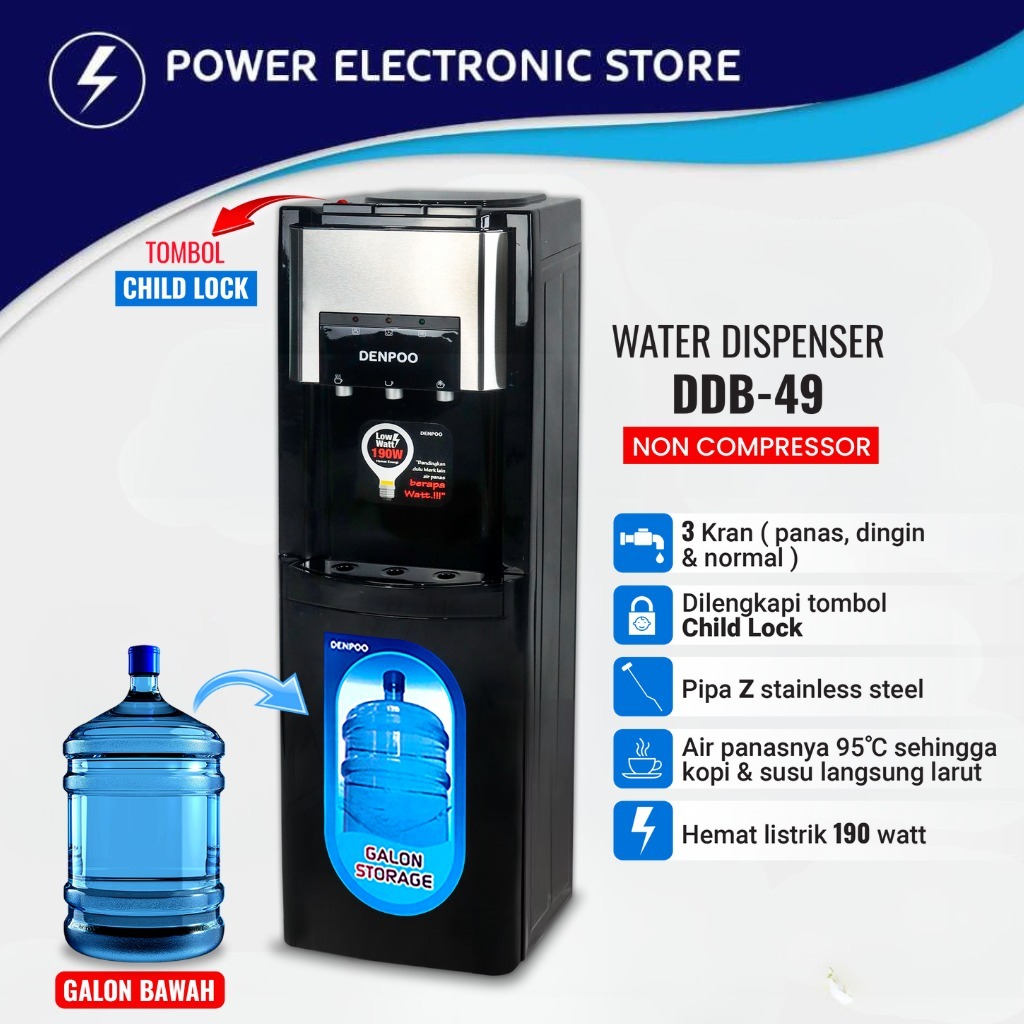 Water Dispenser Galon Bawah Denpoo 3 Kran Low Watt Non Kompresor DDB 49