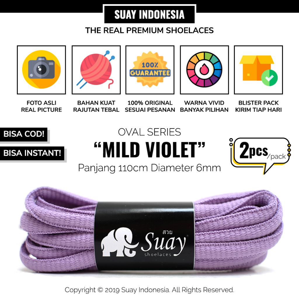 SUAY Tali Sepatu Semi Bulat Warna Ungu Muda - Panjang 110cm Lebar 6mm - OVAL Mild Violet