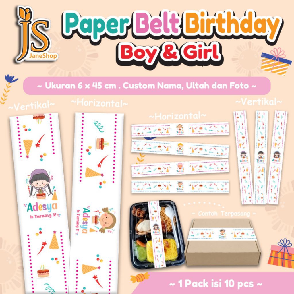 Isi 10 pcs Paper Belt Ulang Tahun Paper Sleeve Custom Nama Paper Belt ultah Birthday Anak Custom Fot