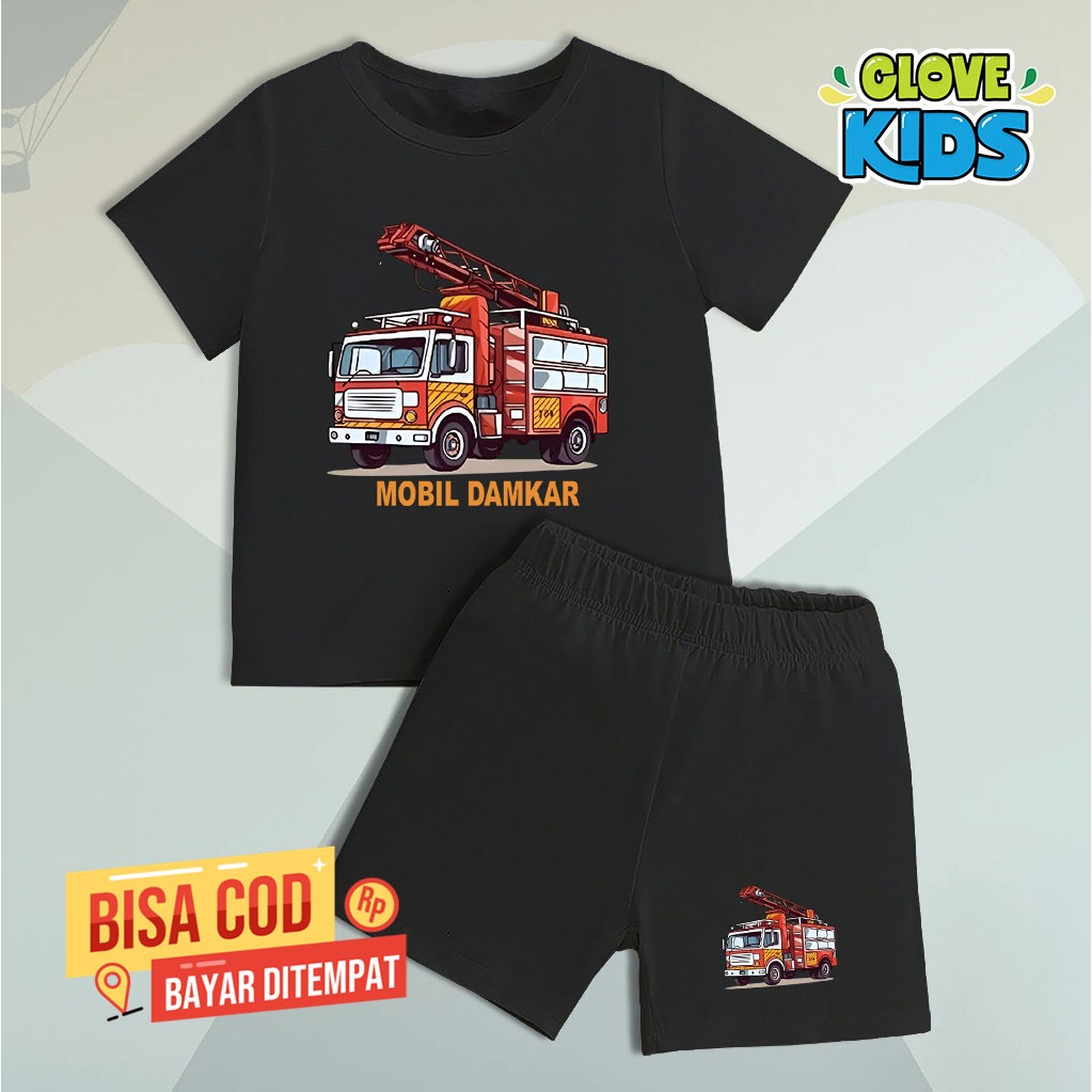 Kaos Setelan Anak Motif Mobil Damkar Baju 1 Stel Motif Mobil Damkar anak laki laki dan perempuan