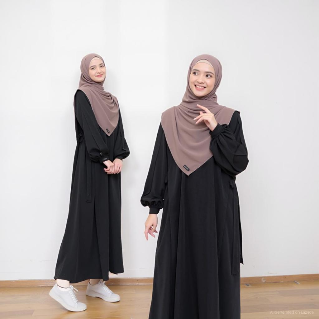Jamise Kamala Dress Gamis Simple Variasi Tali Pinggang Bahan Melfia Ringan Nyaman Desain Unik Elegan