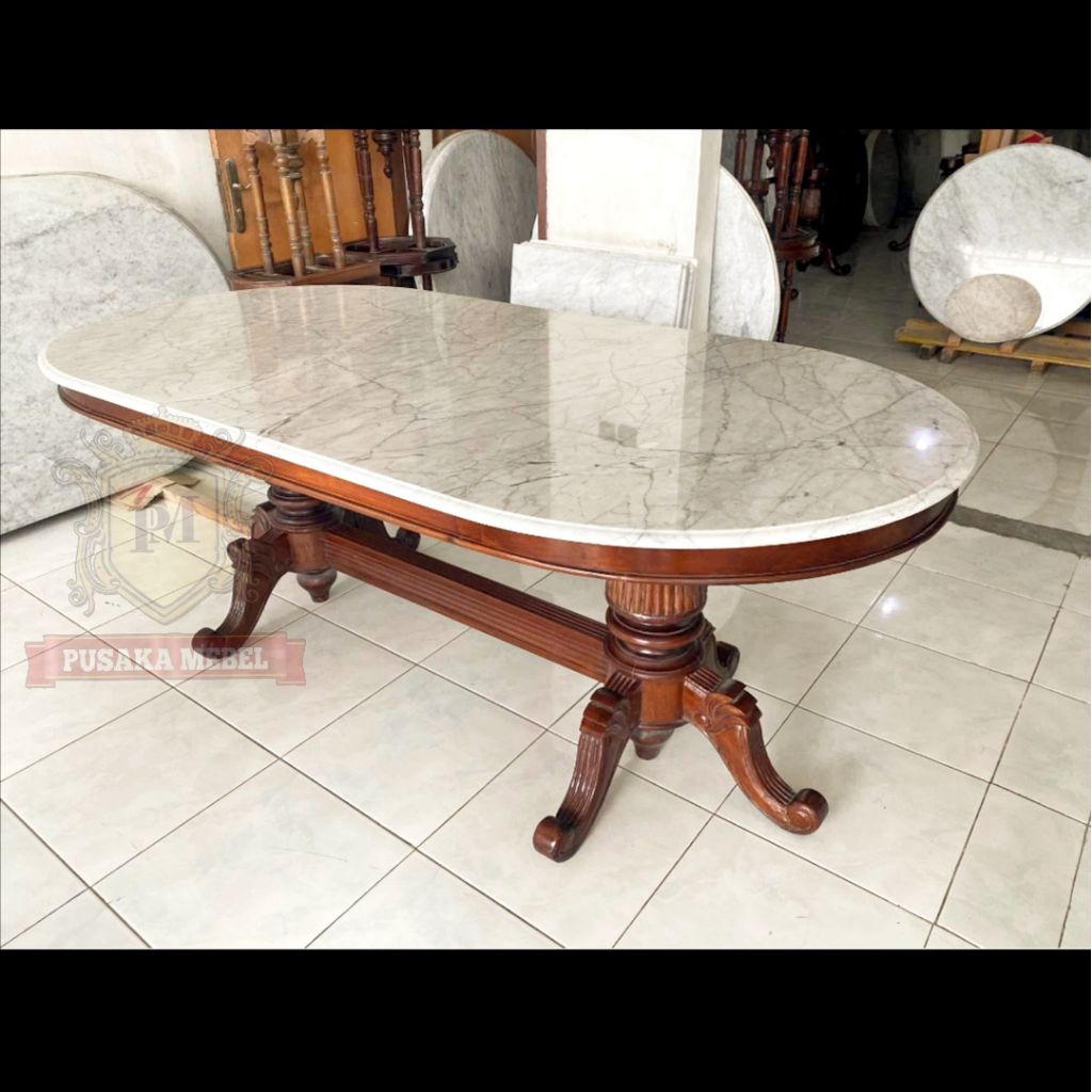 meja makan marmer asli model oval vintage, meja makan marmer putih oval model antik