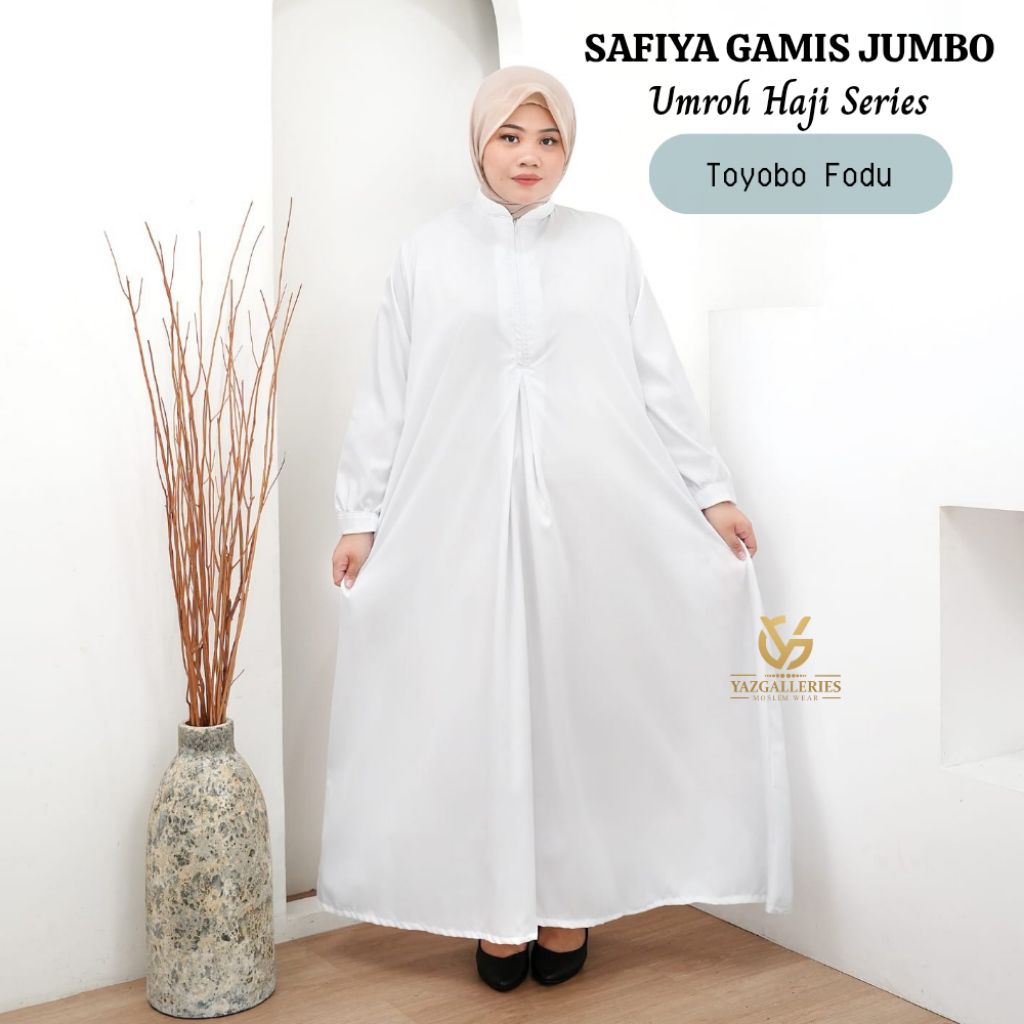 Safiya Gamis Jumbo Polos Manasik Umroh & Haji Warna Putih Hitam Toyobo Fodu Size XXL - XXXL